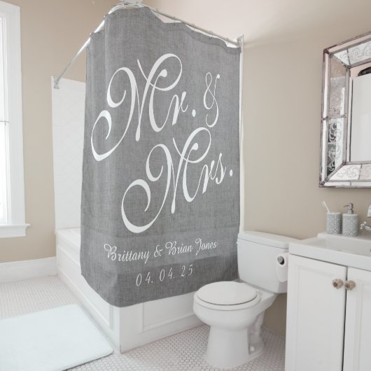 Rideaux De Douche M. et Mme de toile gris Names Date Wedding de (En situation)