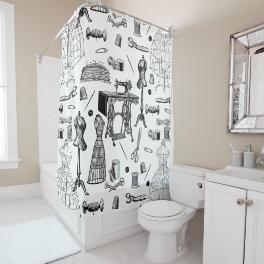 Rideaux De Douche machine à coudre victorienne antique noir blanc to (En situation)