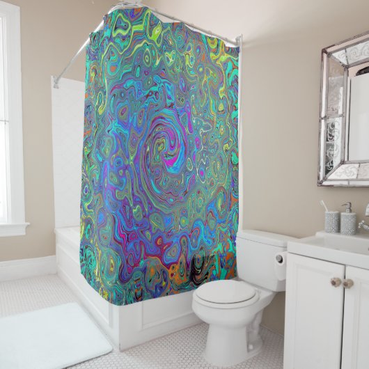 Rideaux De Douche Magenta, Bleu et Mousse verte Retro Swirl (En situation)