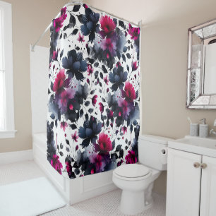 Rideaux De Douche Magenta rose et bleu floral à l'encre aquarelle