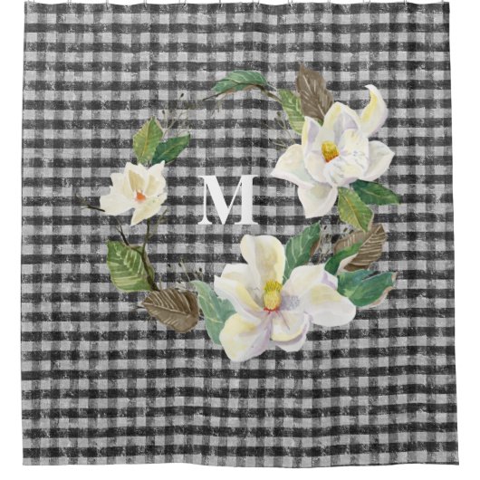 Rideaux De Douche Magnolia Floral noir et blanc Check w Monogramme (Devant)