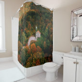 RIDEAUX DE DOUCHE MAISON BLANCHE ET BROWN ENTOURÉE D'ARBRES (En situation)