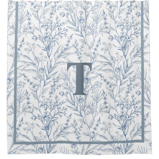 Rideaux De Douche Maison Bleue Blanc Floral Monogramme (Devant)