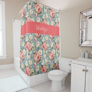 Rideaux De Douche Maison de Campagne Fleurie Corail Rouge Monogramme