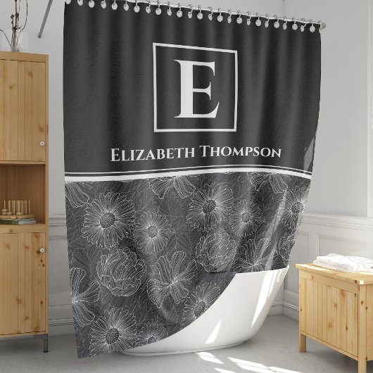 Rideaux De Douche Maison de ferme moderne en noir et blanc Monogramm