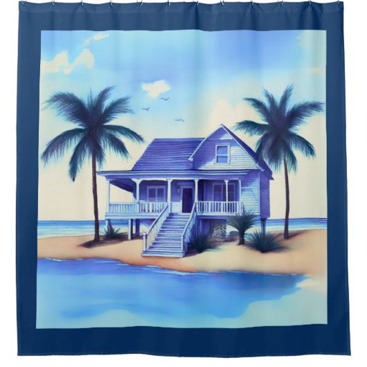 Rideaux De Douche Maison de plage avec palmiers (Devant)