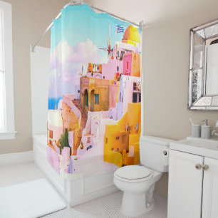 Rideaux De Douche Maisons colorées Oia Santorin, Grèce
