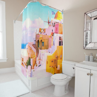 Rideaux De Douche Maisons colorées Oia Santorin, Grèce