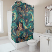 Rideaux De Douche Majestic Turquoise Dragons et Village (En situation)