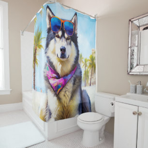 Rideaux De Douche Malamute d'Alaska sur la plage, cadeau d'été