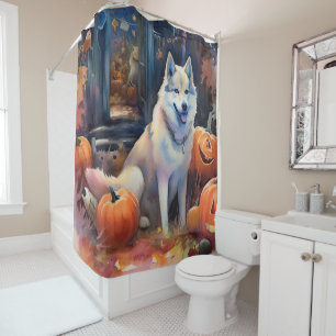Rideaux De Douche Malamute d'Halloween en Alaska avec la peur Citrou
