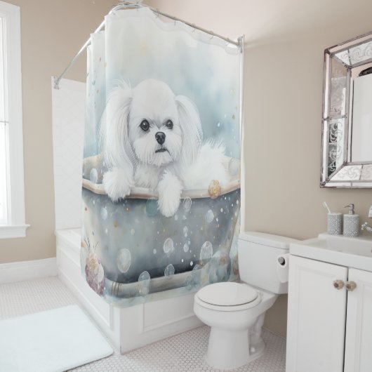 Rideaux De Douche Maltais Dans La Baignoire Aquarelle Chien Art (En situation)