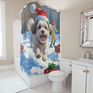 Rideaux De Douche Malti Tzu courant dans la neige avec un chapeau de
