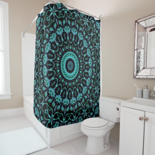Rideaux De Douche Mandala Floral Noir Sarcelle Foncé (En situation)