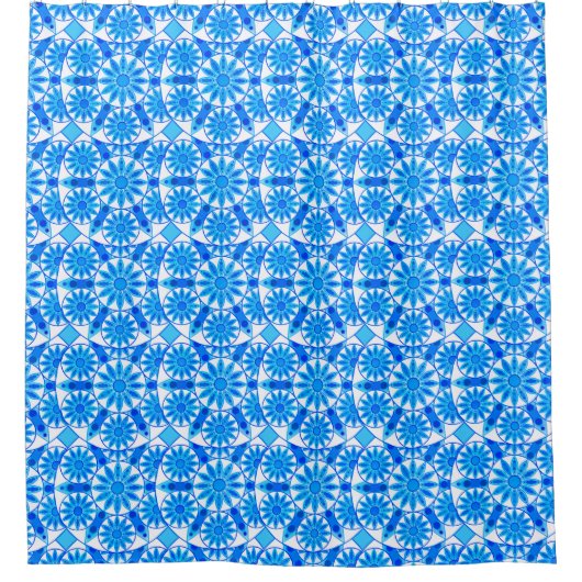 Rideaux De Douche Mandala motif, bleu cobalt, turquoise et blanche (Devant)