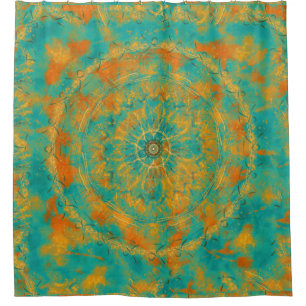 Rideaux De Douche Mandala primitif orange et vert paon