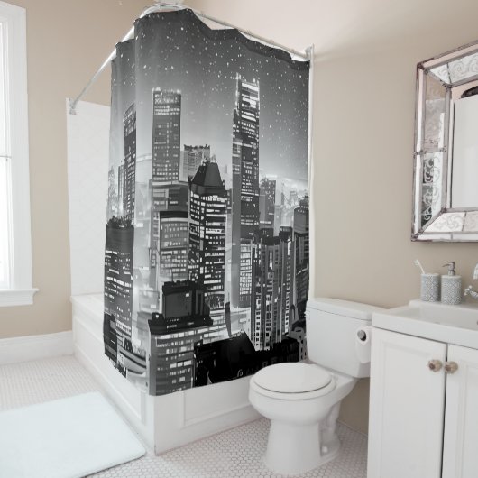 Rideaux De Douche Manhattan Under the Stars en noir et blanc (En situation)