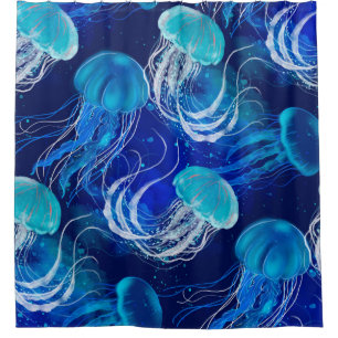 Rideaux De Douche Many blue jellyfishes swimming underwater. Seamles