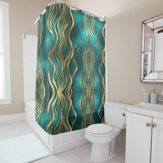 Rideaux De Douche Marbre beige moderne Waves Turquoise Bleu Turquois (En situation)