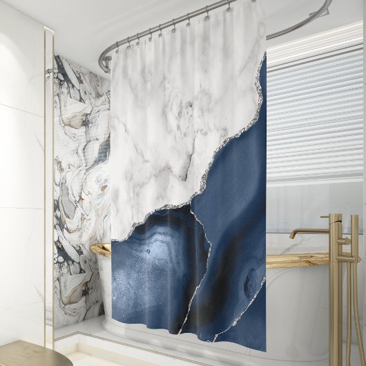 Rideaux De Douche Marbre Blanc Agate Bleu Marine Argent