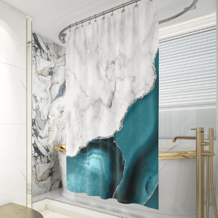 Rideaux De Douche Marbre blanc Agate bleu sarcelle argenté