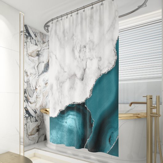 Rideaux De Douche Marbre blanc Agate bleu sarcelle argenté