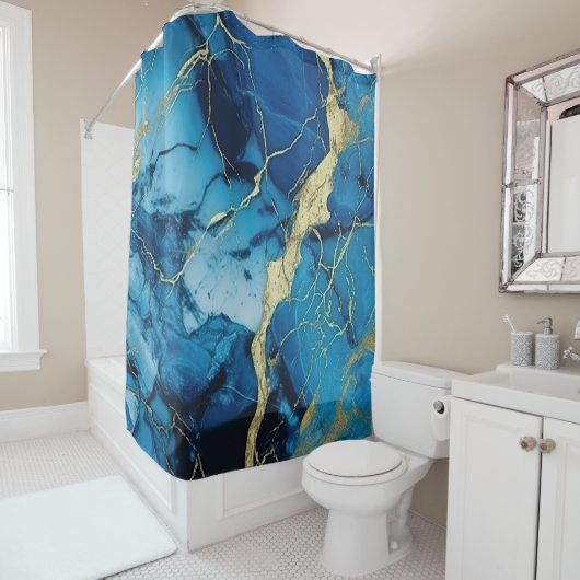 Rideaux De Douche Marbre bleu océan de luxe Kintsugi Agate Or (En situation)