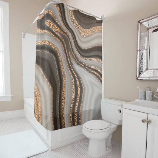 Rideaux De Douche marbre brun Abstrait à texture or (En situation)