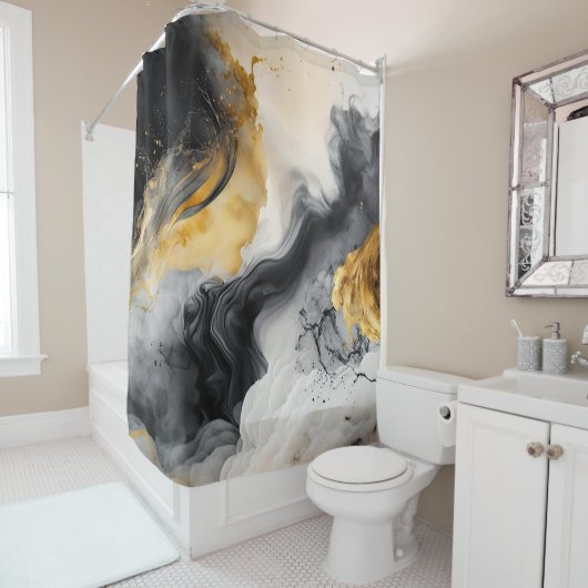 Rideaux De Douche Marbre d'aquarelle noir et or (En situation)