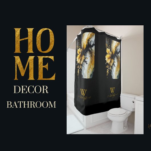 Rideaux De Douche marbre de fleurs d'or noir