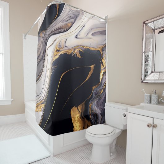 Rideaux De Douche Marbre fluide Agate noir blanc et or de luxe (En situation)