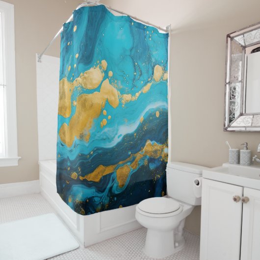 Rideaux De Douche Marbre fluide bleu turquoise et or de luxe (En situation)