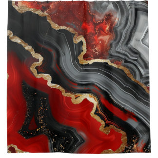 Rideaux De Douche Marbre Luxueux Rouge Noir Agate Paillettes D'or