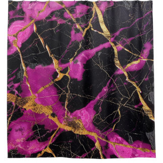 Rideaux De Douche Marbre Magenta Noir Luxueux Veines d'Or Kintsugi