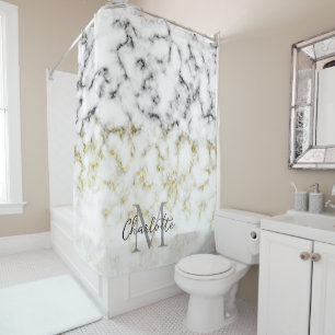 Rideaux De Douche Marbre noir et blanc paillettes dorées Monogramme