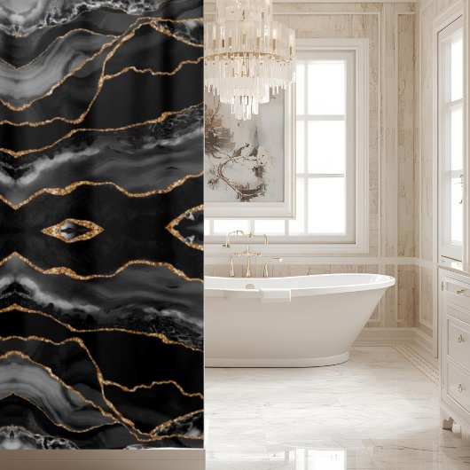 Rideaux De Douche Marbre noir gris or cristal géode