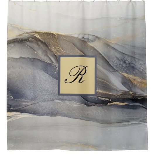 Rideaux De Douche Marbre noir gris or Joli Monogramme élégant (Devant)