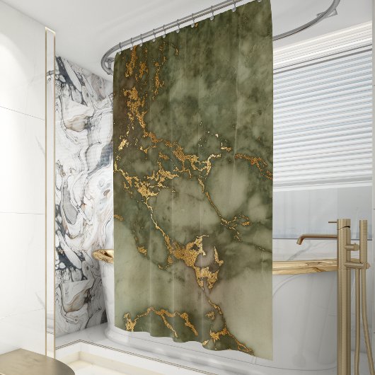 Rideaux De Douche Marbre Vert Olive Feuille de Faux Or
