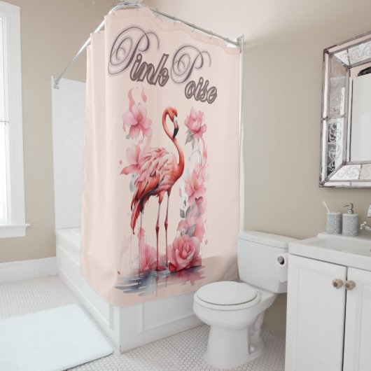 Rideaux De Douche Marche du Flamant rose gracieux | Design rose et f (En situation)