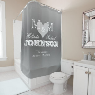 Rideaux De Douche Mariage de monogramme du coeur gris