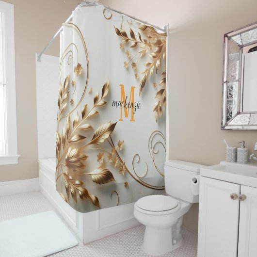 Rideaux De Douche Mariage Moderne Écriture Monogramme Orange Brillan (En situation)