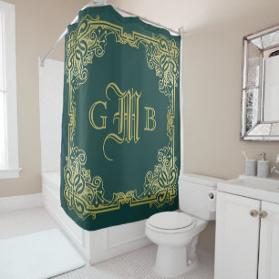 Rideaux De Douche Mariage Monogramme Classic Gold Frame Dark Green