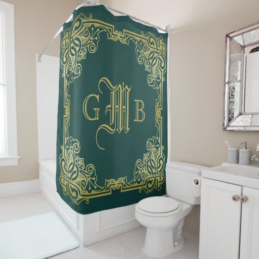 Rideaux De Douche Mariage Monogramme Classic Gold Frame Dark Green (En situation)