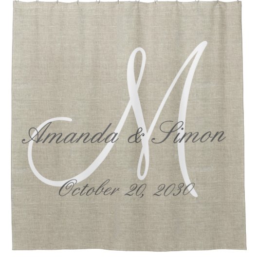 Rideaux De Douche Mariage Rustic Linen Look et White Monogramme (Devant)