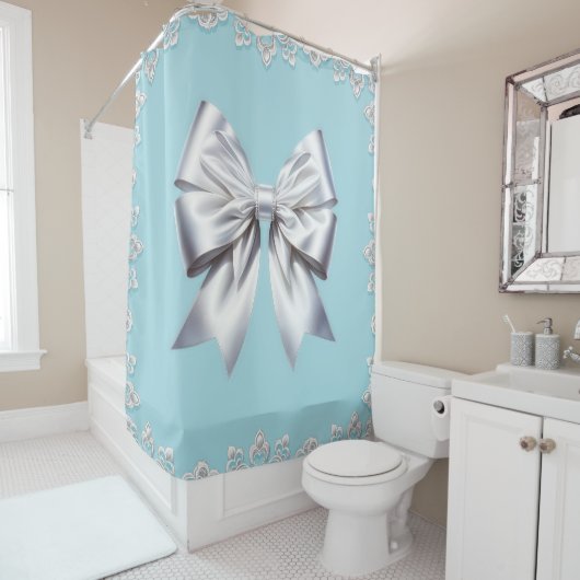 Rideaux De Douche Mariée Turquoise Robin's Egg Blue Big White Bow (En situation)