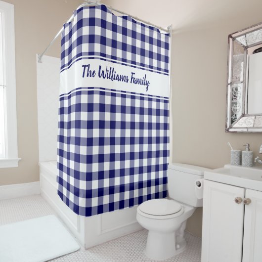Rideaux De Douche Marine Bleu Blanc Buffalo Plaid Motif Nom personna (En situation)