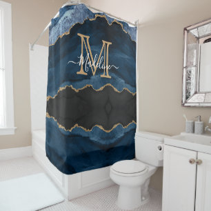 Rideaux De Douche Marine Blue Gold Agate Monogramme Nom Script Initi
