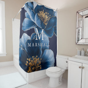 Rideaux De Douche Marine Blue Gold Moderne Floral Monogramme Nom de