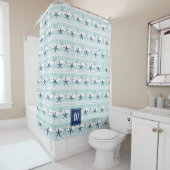 Rideaux De Douche Marine Blue Turquoise Star Poisson rayé Monogramme (En situation)