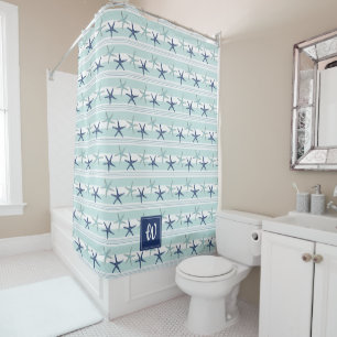 Rideaux De Douche Marine Blue Turquoise Star Poisson rayé Monogramme